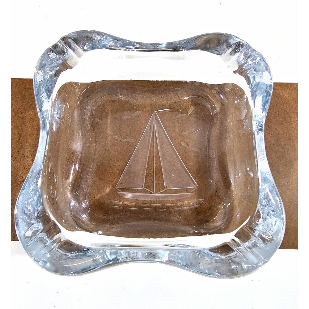Clear Pressed Glass Square Ashtray Sailboat Design 7" x 7" x 2" Heavy 2 lb 9 oz